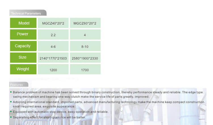 MGCZ Double Weight Force Paddy Separator Technical Data